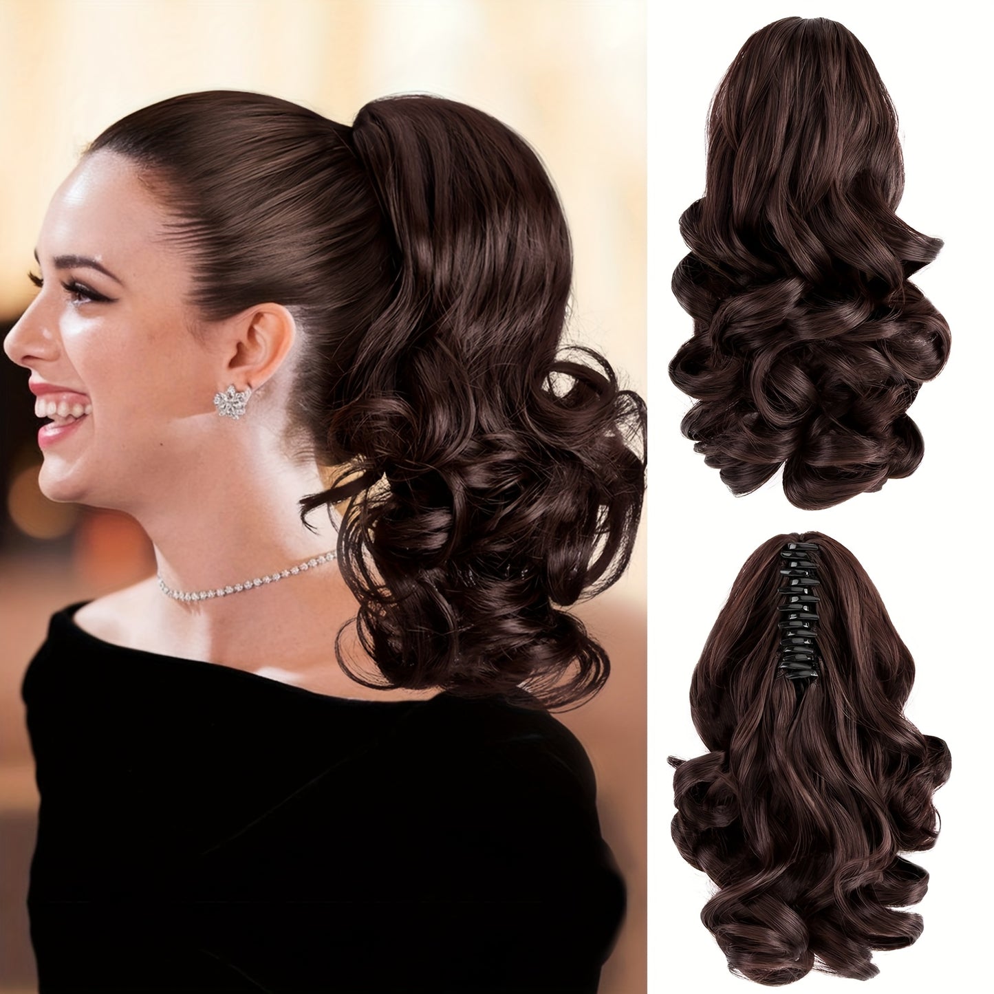 Women's Curly Wavy Ponytail Clip-In Extensions - Brown, Voluminous Curly Waves, Damage-Free Clip-In Ponytail for Everyday & Special E- Natural Look Synthetic Hair for Added Volume & Length