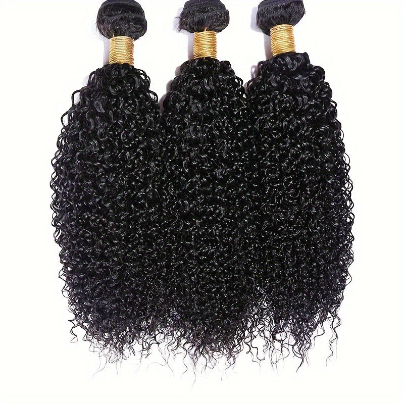 Kinky Curly Human Hair Bundles - Thick Curly Weaves, Virgin Hair Bundles for Full Head, Natural Black Color (Can be Dyeable),