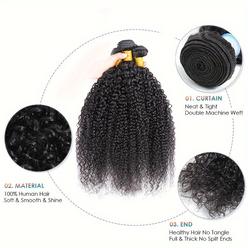 Kinky Curly Human Hair Bundles - Thick Curly Weaves, Virgin Hair Bundles for Full Head, Natural Black Color (Can be Dyeable),