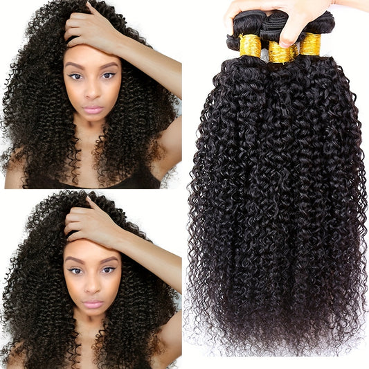 Kinky Curly Human Hair Bundles - Thick Curly Weaves, Virgin Hair Bundles for Full Head, Natural Black Color (Can be Dyeable),