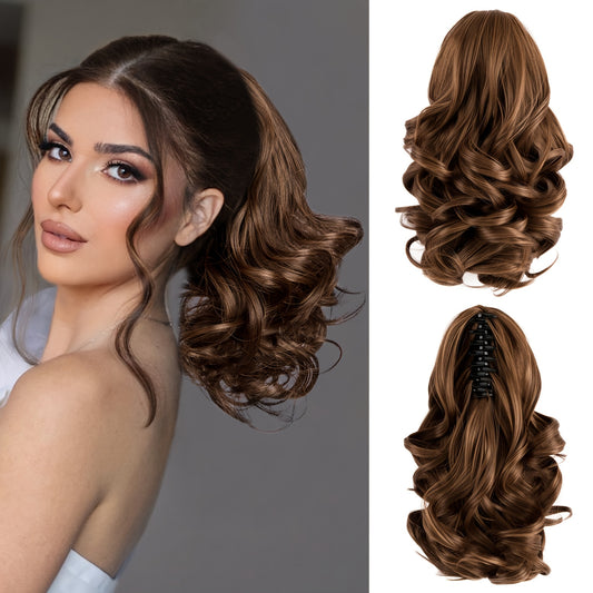Women's Curly Wavy Ponytail Clip-In Extensions - Brown, Voluminous Curly Waves, Damage-Free Clip-In Ponytail for Everyday & Special E- Natural Look Synthetic Hair for Added Volume & Length