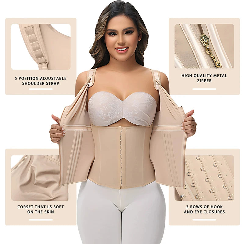 Double Compression Vest Bra Waist Trainer Corset with 17 Steel Bone Flat Belly Strap Slim Body Shaper Fajas Colombianas Girdles