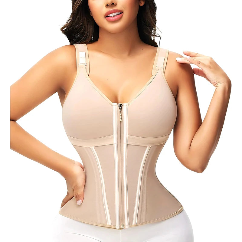 Double Compression Vest Bra Waist Trainer Corset with 17 Steel Bone Flat Belly Strap Slim Body Shaper Fajas Colombianas Girdles