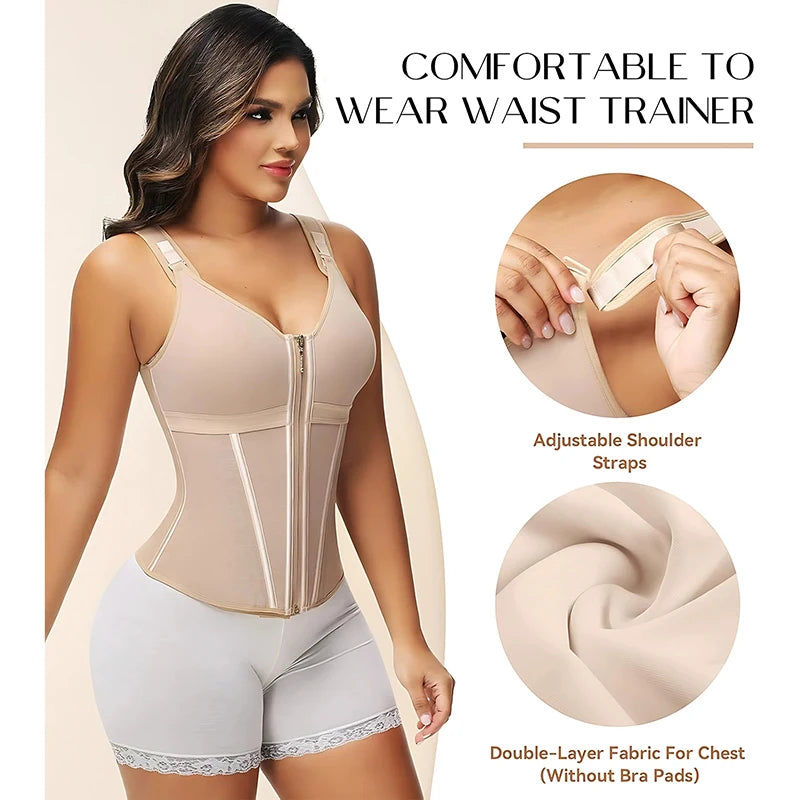 Double Compression Vest Bra Waist Trainer Corset with 17 Steel Bone Flat Belly Strap Slim Body Shaper Fajas Colombianas Girdles