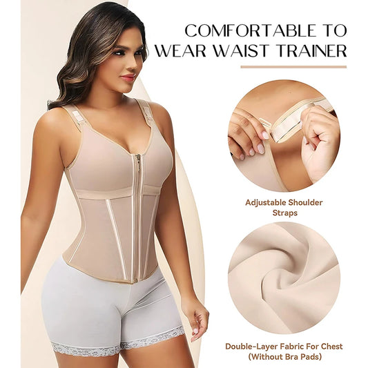 Double Compression Vest Bra Waist Trainer Corset with 17 Steel Bone Flat Belly Strap Slim Body Shaper Fajas Colombianas Girdles