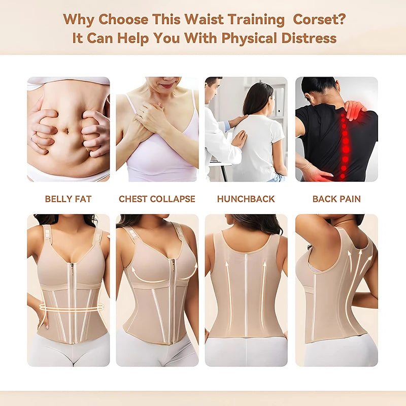 Double Compression Vest Bra Waist Trainer Corset with 17 Steel Bone Flat Belly Strap Slim Body Shaper Fajas Colombianas Girdles
