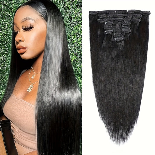 Straight Human Hair Clip In Hair Extensions 100% Unprocessed Full Head Brazilian Virgin Hair Natural Black Color, 8/Pcs With 18Clips