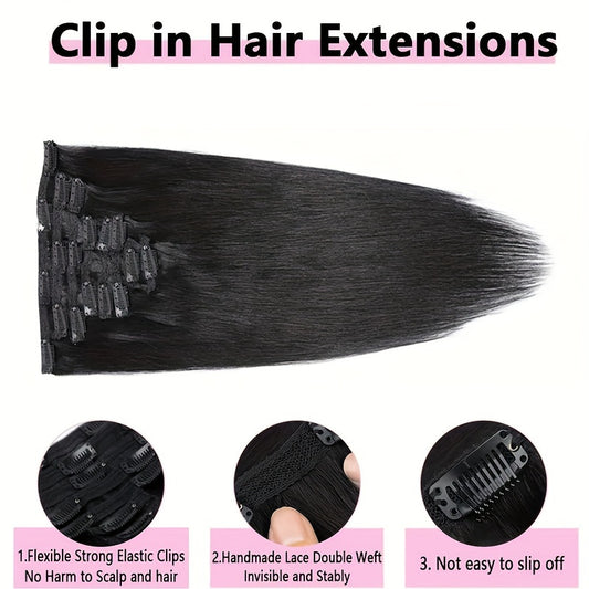 Straight Human Hair Clip In Hair Extensions 100% Unprocessed Full Head Brazilian Virgin Hair Natural Black Color, 8/Pcs With 18Clips
