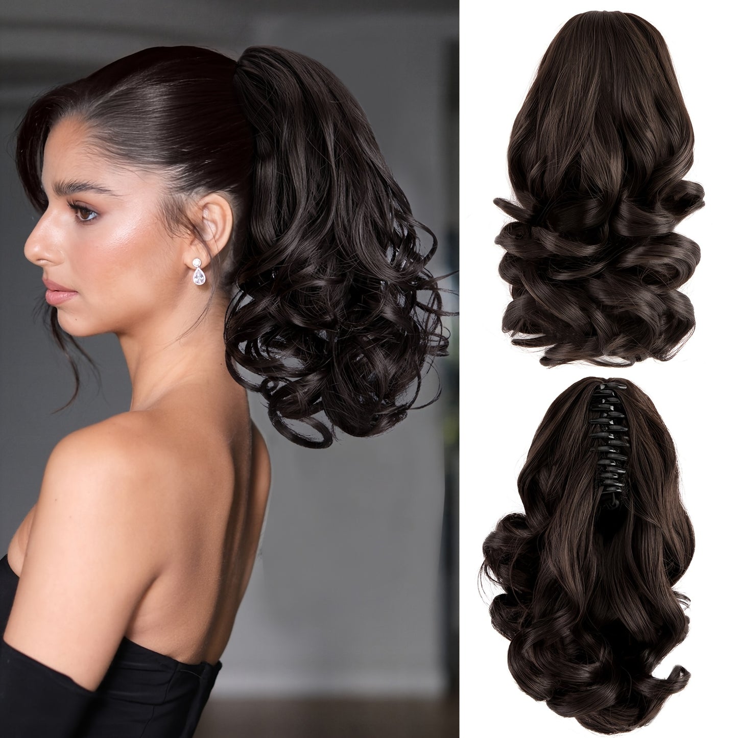 Women's Curly Wavy Ponytail Clip-In Extensions - Brown, Voluminous Curly Waves, Damage-Free Clip-In Ponytail for Everyday & Special E- Natural Look Synthetic Hair for Added Volume & Length