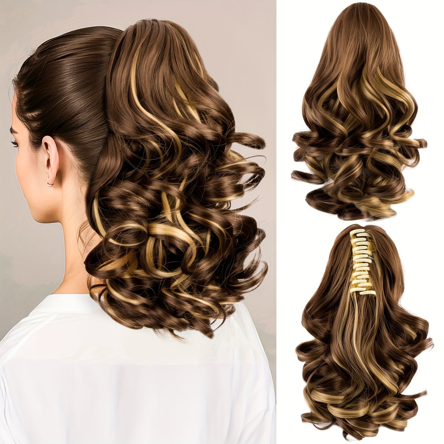 Women's Curly Wavy Ponytail Clip-In Extensions - Brown, Voluminous Curly Waves, Damage-Free Clip-In Ponytail for Everyday & Special E- Natural Look Synthetic Hair for Added Volume & Length